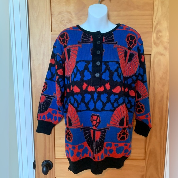 Vintage 1990s Sweater | Geometric Print | Knit Sweater | Cardigan | 1/4 Buttons - Picture 1 of 3